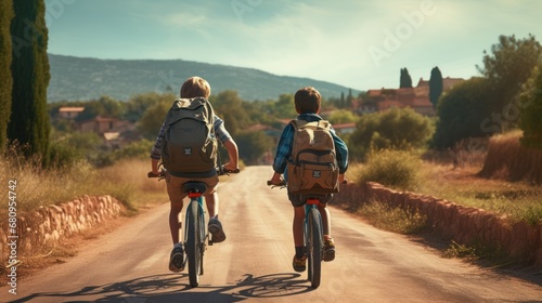 The back of Two boys with backpacks on bicycles going to school.  photo