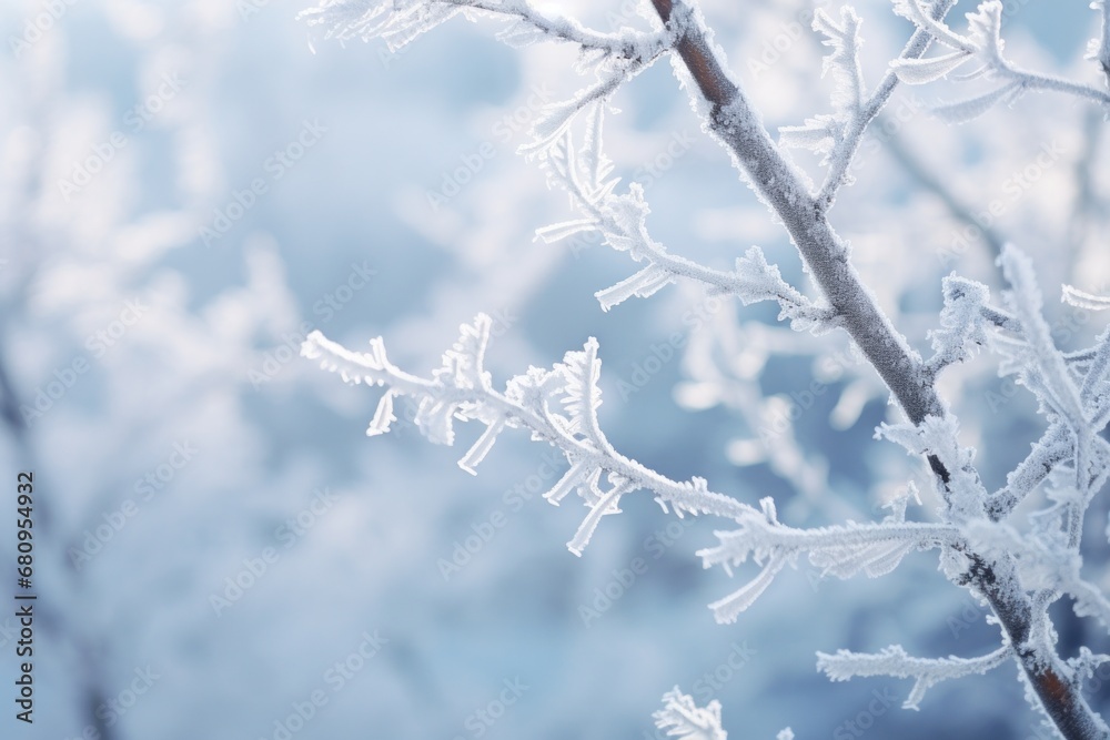 Crisp winter frost detail on tree limbs, highlighting nature's delicate ice art in serene landscape.