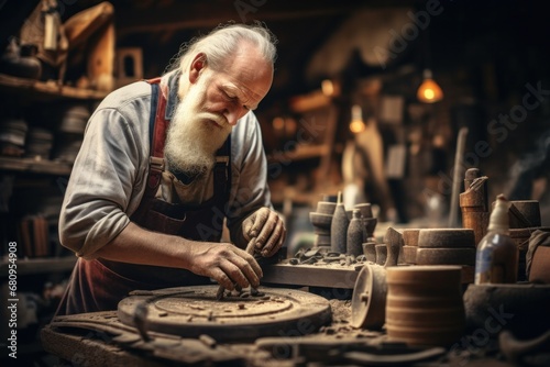 Skilled artisan crafting pottery in rustic workshop. Traditional craftsmanship.