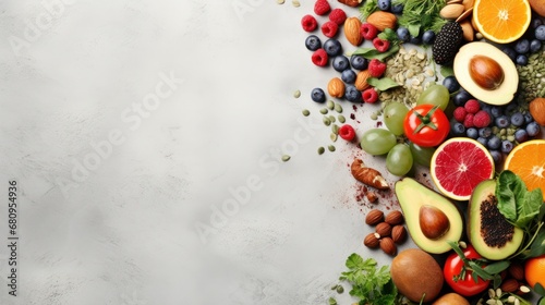  fruit, vegetable, seeds, superfood, cereals, leaf vegetable on gray concrete background copy space 
