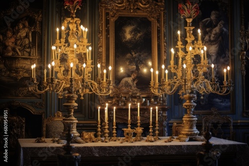 Golden glow of candlelight in ornate baroque interior with antique decor