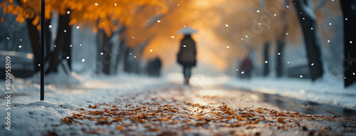 Cute girl walking on cold day in winter through a road with an umbrella and winter jacket in day time through street and surrounded by snow covered trees 