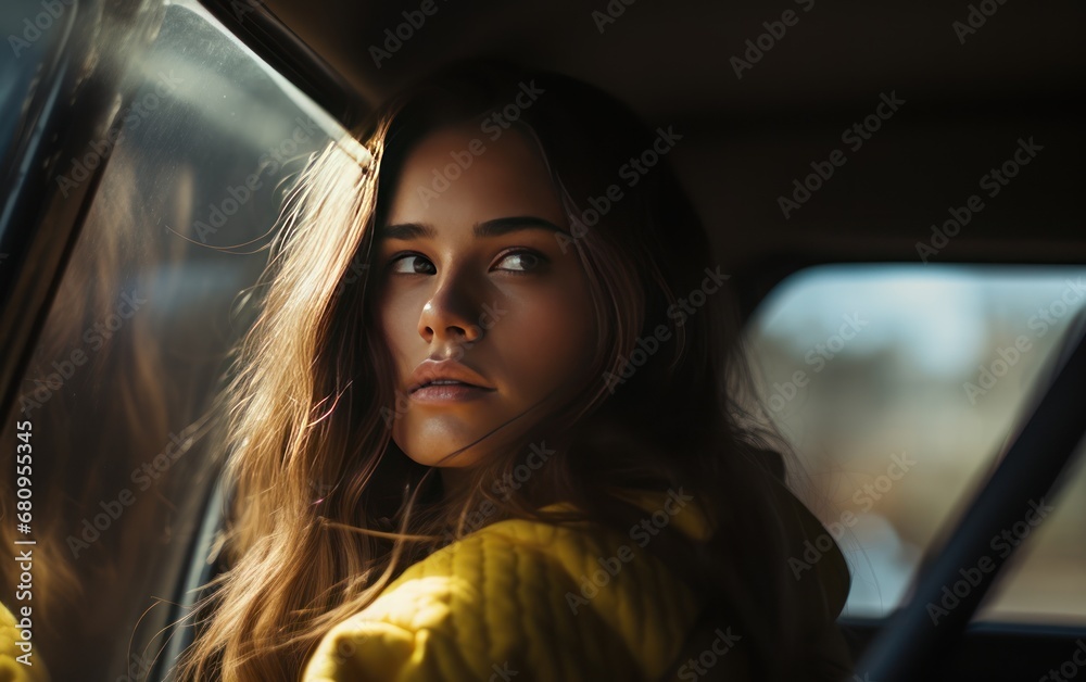 Young woman looking away out of the open window of a car Young woman looking away out of the open window of a car