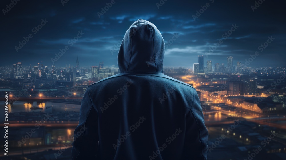 Obraz na płótnie Back of hacker wearing hoodie against big city background, computer virus, electronic theft w salonie