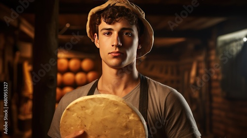 Fototapeta Naklejka Na Ścianę i Meble -  young farm worker holding cheese wheel looking at camera ,Men and cooking, processed dairy products