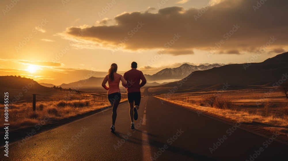 Two runners on the road towards the sunset, runners with beautiful landscape, goal concept
