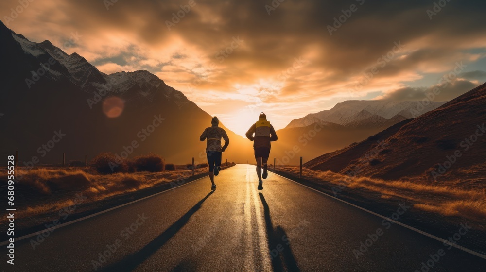© CStock - Two runners on the road towards the sunset, runners with beautiful landscape, goal concept © CStock - Two runners on the road towards the sunset, runners with beautiful landscape, goal concept