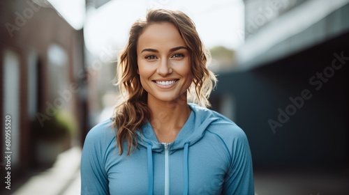 Portrait of healthy female in sportswear looking at camera and smiling.  photo