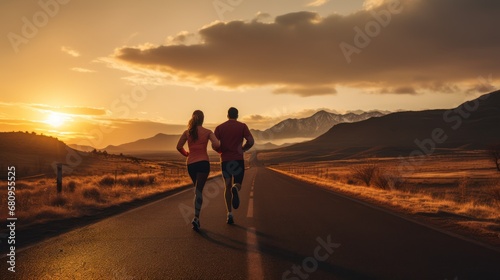 Two runners on the road towards the sunset, runners with beautiful landscape, goal concept © CStock
