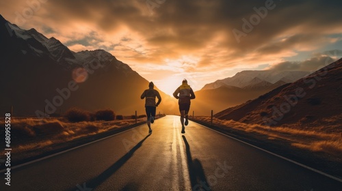 Two runners on the road towards the sunset, runners with beautiful landscape, goal concept photo