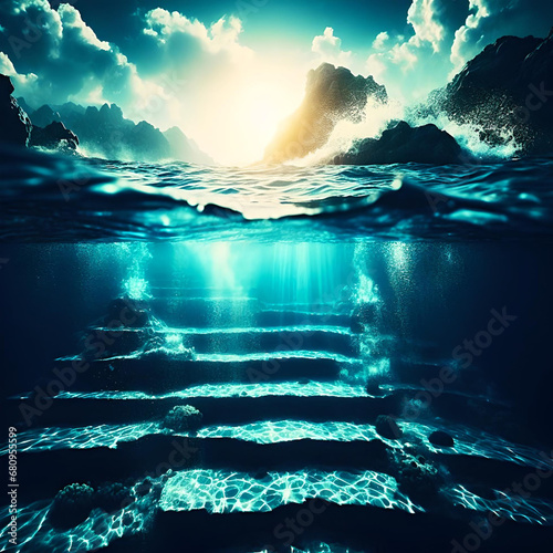 Over-under split-shot underwater steps abstract background