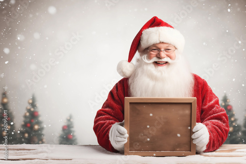 Smiling Santa Claus pointing on blank advertisement banner background with copy space