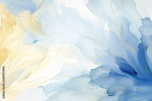 a painting of blue and yellow colors on a white background. Abstract Cerulean color Florals
