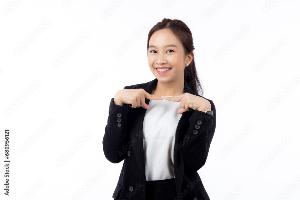 Portrait happy young asian businesswoman in suit surprise excited with satisfied with success and amazed isolated white background, happiness business woman shock with emotion and expression. Portrait happy young asian businesswoman in suit surprise excited with satisfied with success and amazed isolated white background, happiness business woman shock with emotion and expression.