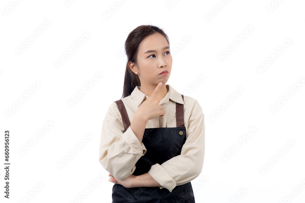 Portrait of young asian barista woman wearing apron gesture doubt and thinking idea isolated white background, waitress or entrepreneur thought and curious, small business or startup, waiter of cafe. Portrait of young asian barista woman wearing apron gesture doubt and thinking idea isolated white background, waitress or entrepreneur thought and curious, small business or startup, waiter of cafe.