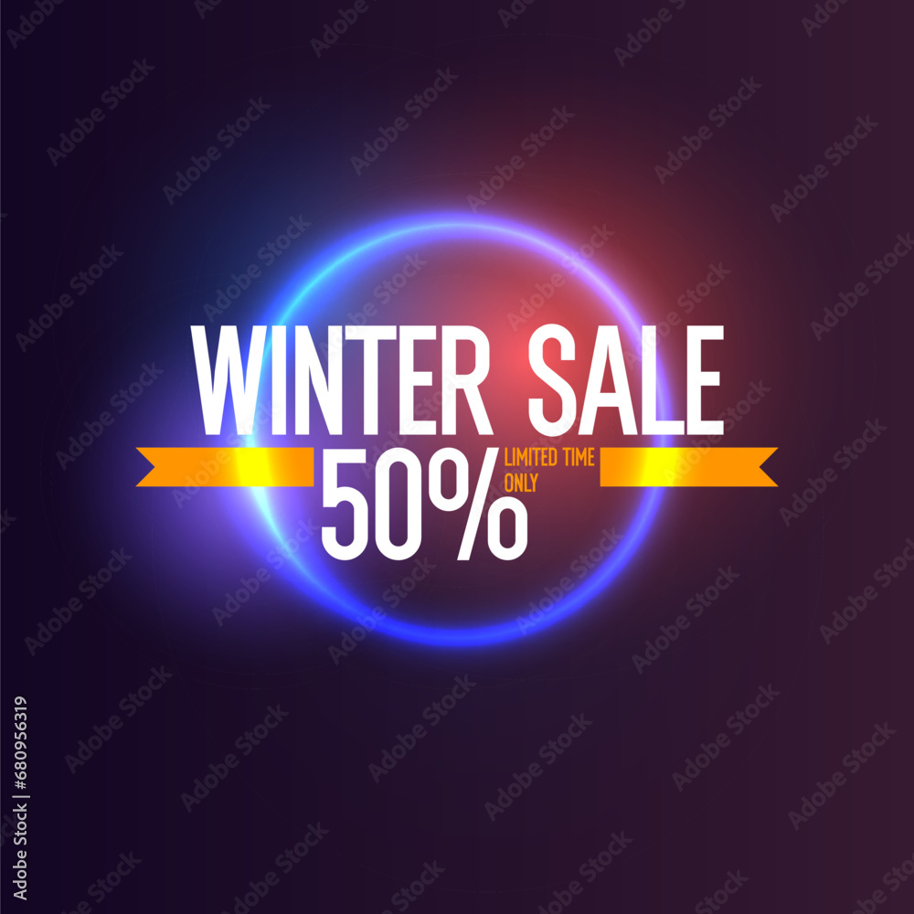 Winter sale banner. Original poster for discount. Geometric shapes and neon glow against a dark background. Vector illustration.