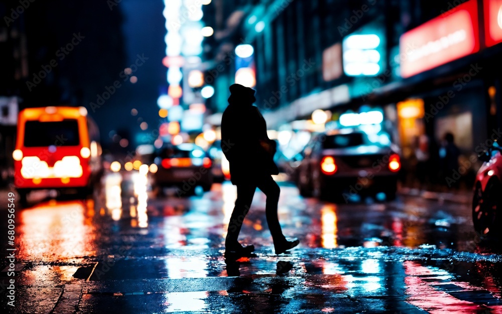 Fototapeta premium Dusk Rain Capturing the Shimmer of Urban Life in the Rain ai generated