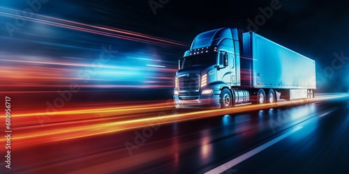 Nighttime Truck Motion Blur and Light Trails on Road. Generative ai photo