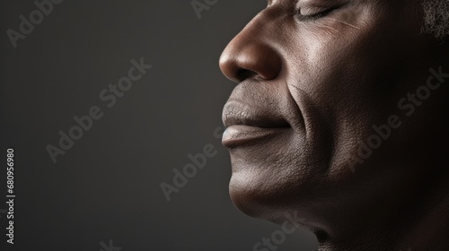 A close up of a man's face with his eyes closed, AI photo