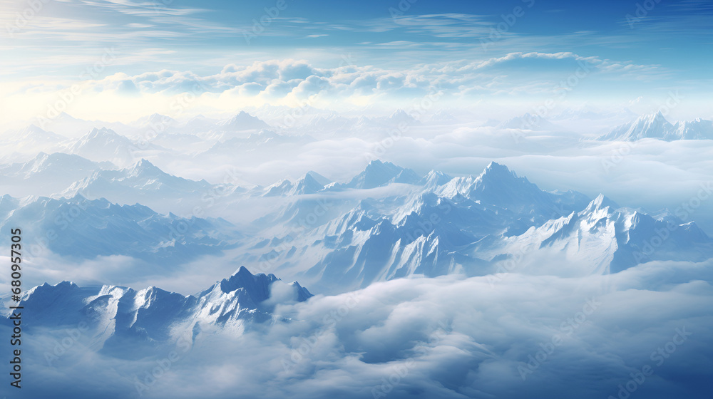 A snowy and forested mountain range, viewpoint from space above