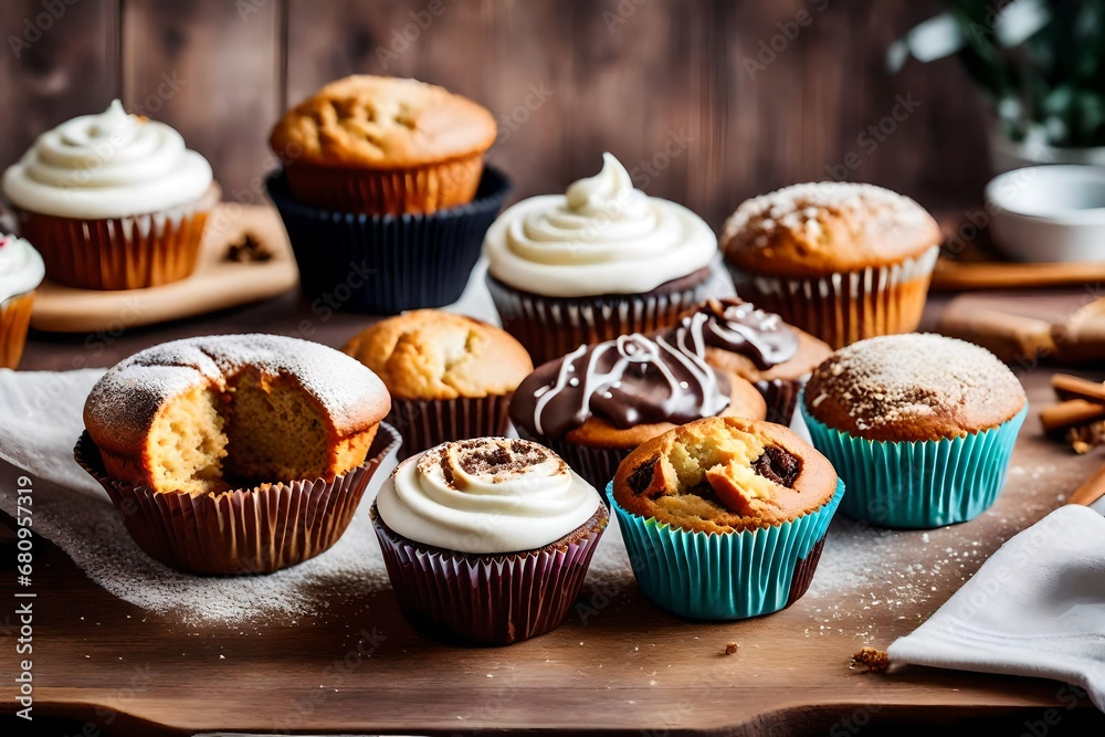 Selection of freshly baked muffins or cupcakes with icing, on table on light background in room interior