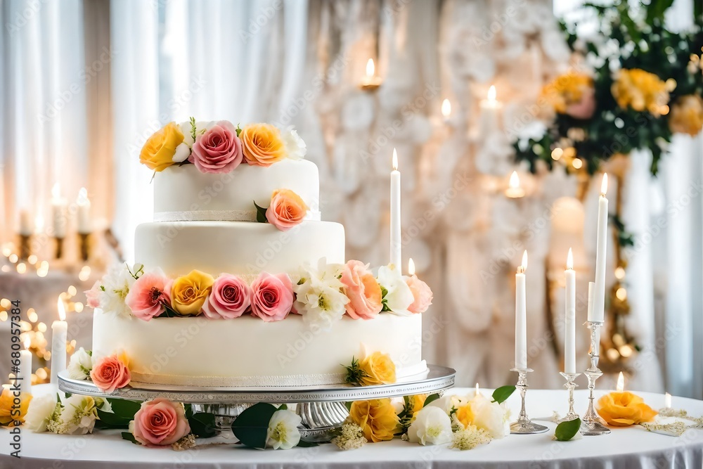 wedding cake decoration, on table on light background in room interior