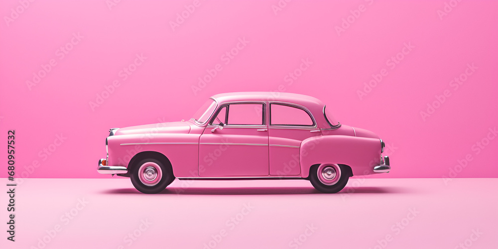 Vehiculo retro rosa, sobre fondo pastel, pink car isolated on white, Volkswagen Beetle toy car on pink background, An Old Pink Car, Isolated Against a Matching Pink Background, generative AI

