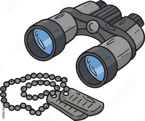 Binoculars and a Military Dog Tag Cartoon Clipart