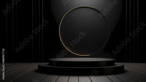 3d rendering black and gold product booth, podium, stage, product commercial photography background, PPT background product cosmetics display