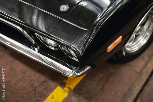 Close-up photo of an old classic car. Transportation