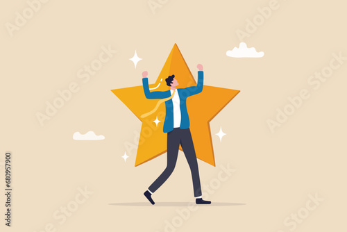 Star employee, success leader or confidence, high performance staff or achievement, evaluation or award winning, quality concept, confidence businessman with excellent golden star. photo