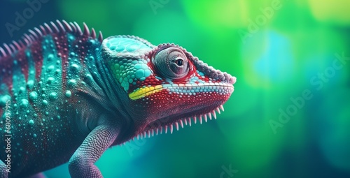 Beautiful close-up of Chameleon on green background. Change and adaptation concept. Generative AI photo