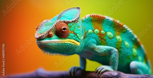 Chameleon on orange background. Change and adaptation concept. Generative AI photo