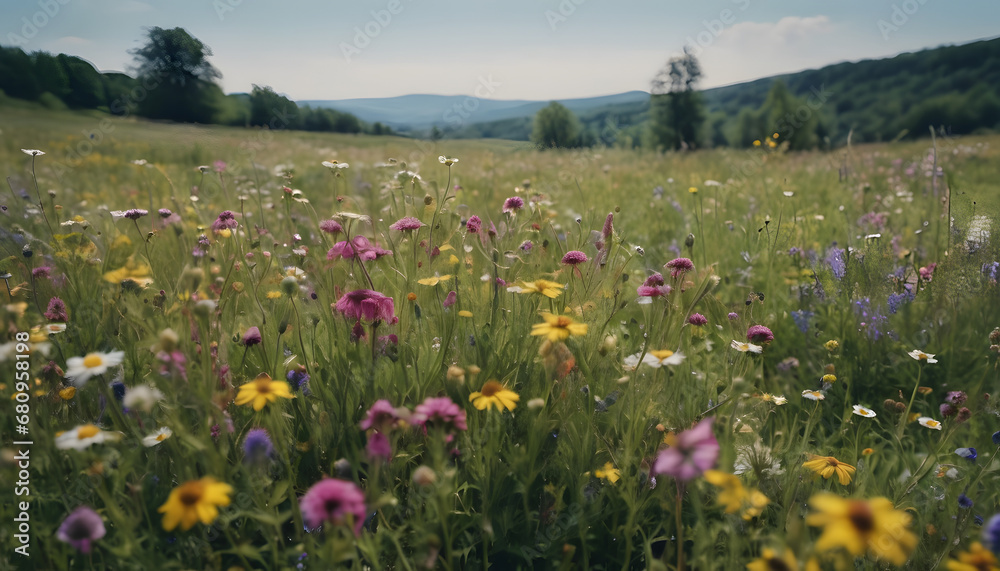 Fototapeta premium Serene Meadow Landscape with a Rich Variety of Wildflowers, Idyllic Rural Scenery with Lush Greenery and Blooming Flora, Peaceful Countryside Field under Clear Sky
