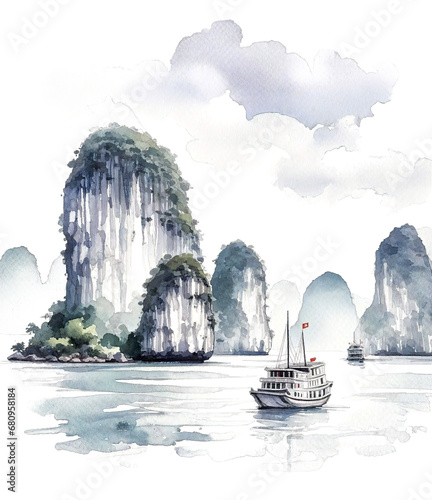 Misty Peaks: Watercolor Serenity of Ha Long Bay