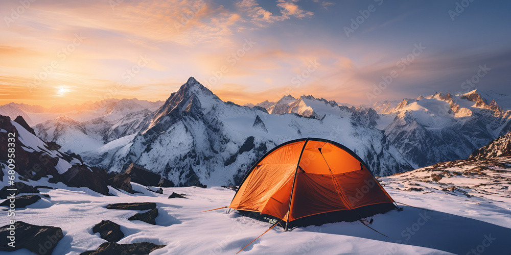 Camping in the snow with a durable tent, A tent is set up on a snowy mountain top at sunset, Tent standing on top of a mountain during sunset , camping on top of a mountain, generative AI


