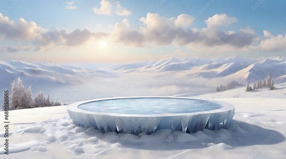 Obraz premium Crystal ice podium for product display on the background scene snow winter landscape.