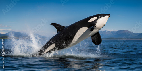 real photo Killer Whale (Orcinus orca), Kamchatka s orca performing impressive leap in Northwest Pacific, Orca killer whale jumping out of water, generative AI © Chanda