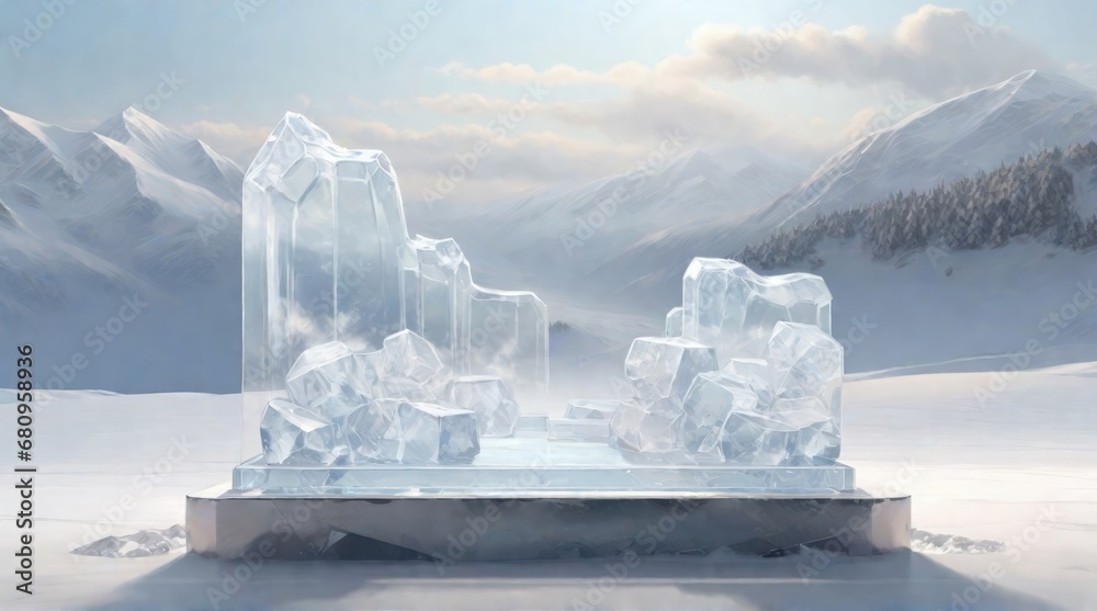 Crystal ice podium for product display on the background scene snow winter landscape.