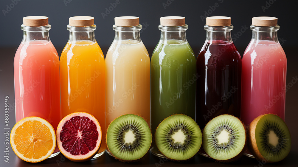 Bottles of natural fruit juices. Bottles of natural fruit juices.