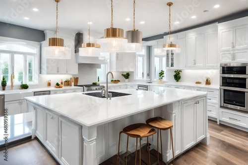 White Kitchen interior with kitchen island, granite counter tops