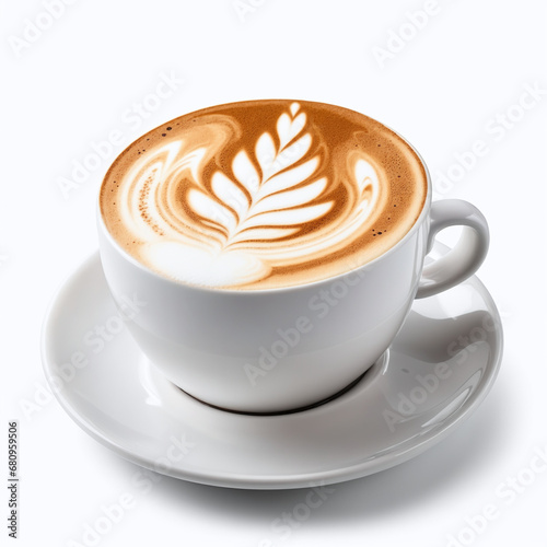 cup of coffee with latte art on white background