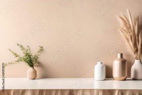 Boho beige copy space background. Monochrome minimalist empty table with vase. Wall scene mockup product for showcase