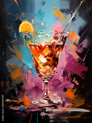 A Painting Of A Glass Of Alcohol With A Slice Of Orange - Hugo Cocktail