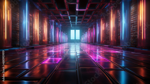 Geometric neon lights in large room.