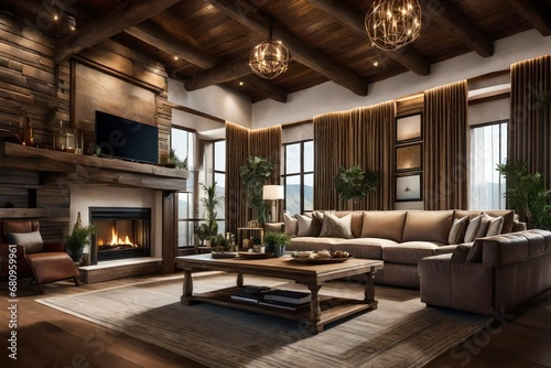 Luxurious rustic living room decorated by an interior designer