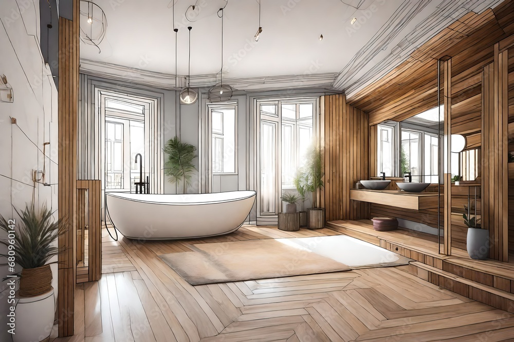 Architect interior designer concept: hand-drawn draft unfinished project that becomes real, wooden bathroom. Bathtub, carpet, staircase and window. Parquet, scandinavian style