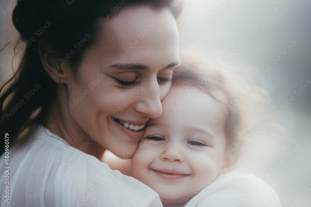 close up portrait of mother holding her newborn baby boy close to her face and smiling close up portrait of mother holding her newborn baby boy close to her face and smiling