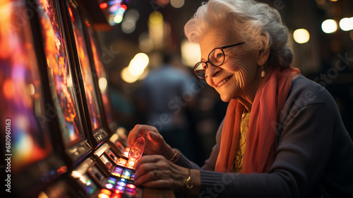 Elderly human playing slot machine in casino. © andranik123