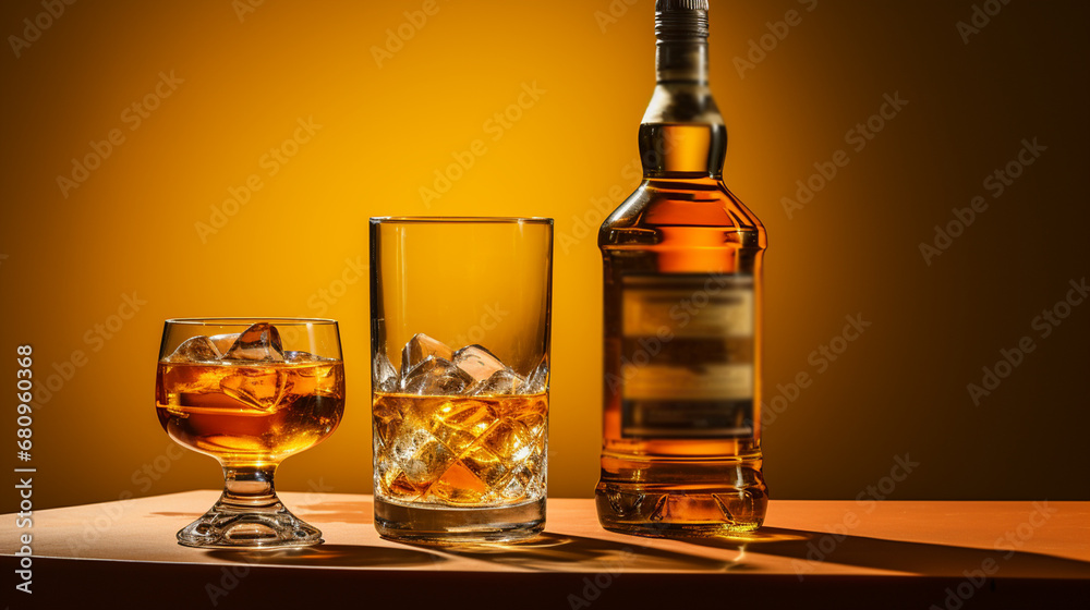 Glass of whisky and bottle on yellow background. Glass of whisky and bottle on yellow background.